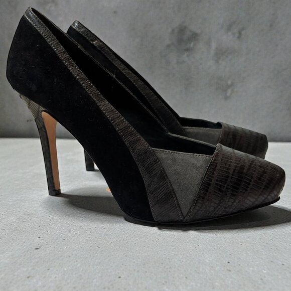 White House Black Market Black & Gray Leather Pointed-Toe Heels 4" Stiletto 8.5 - Picture 1 of 8